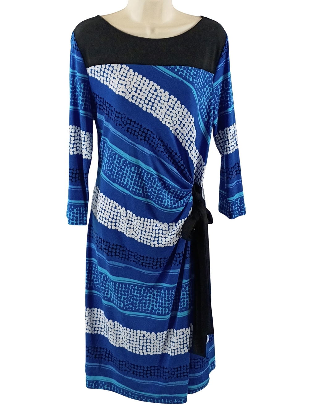 New York & Company Blue Patterned Side-Tie Long Sleeve Dress